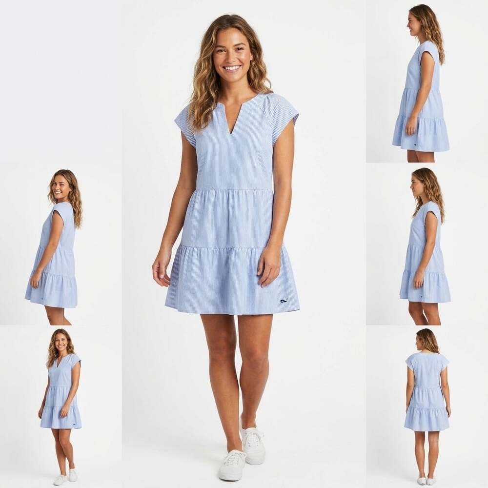 Vineyard Vines Performance Striped Seersucker Tiered Mini Dress Blue Size S